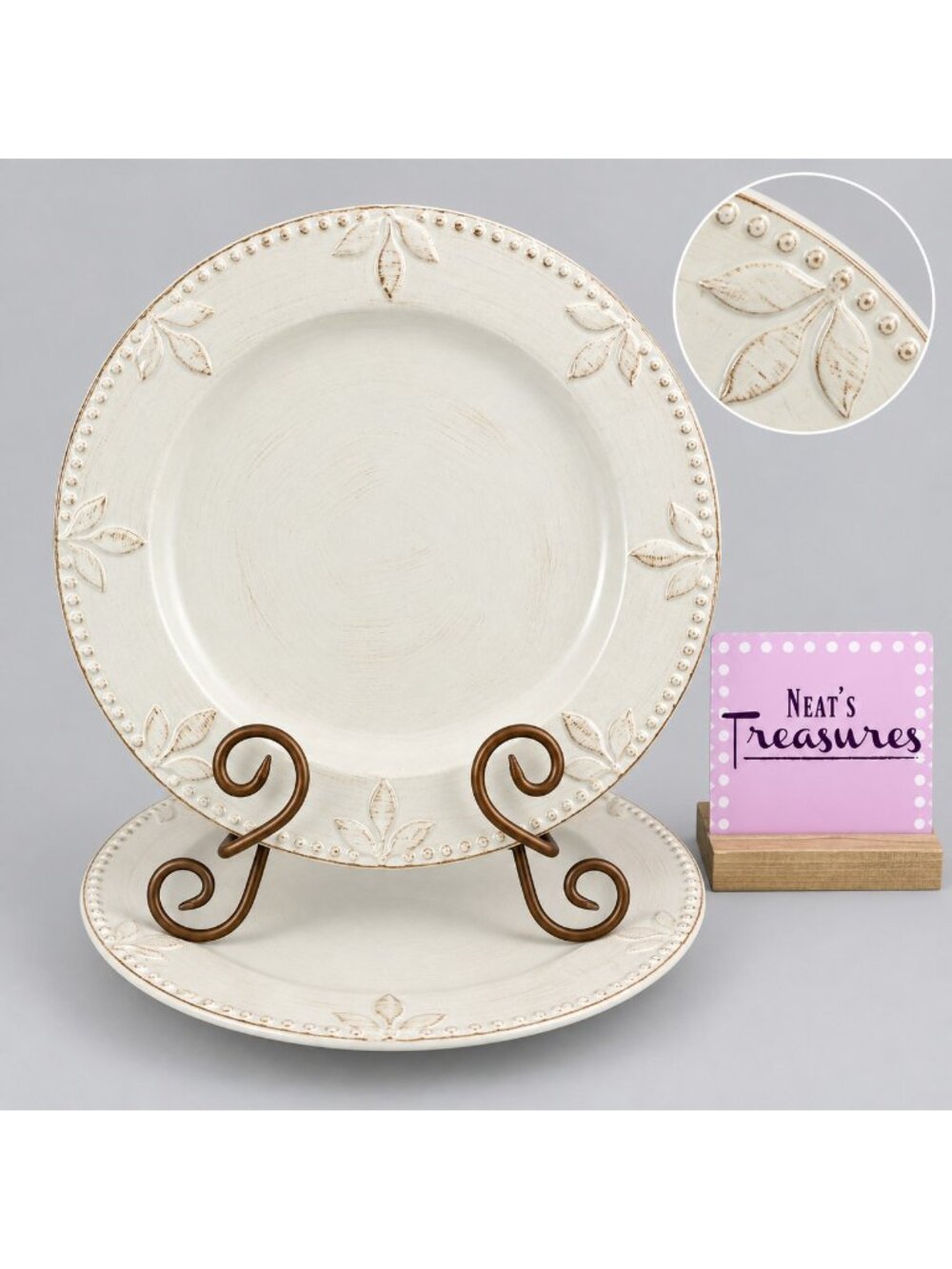 2001 Signature SORRENTO Debby Segura Ivory Leaves Stoneware Dinner Plate Set 2